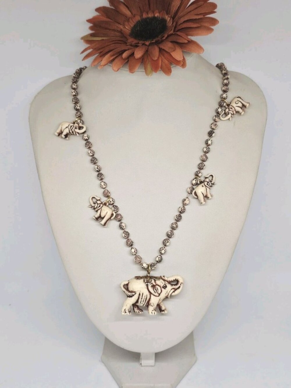 Vintage Celluloid Elephant Charms Pendant Necklace Cream Carved Purple Beads 26”